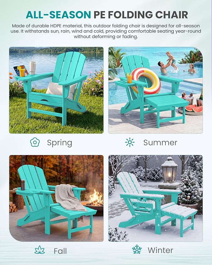 SERWALL Folding Adjustable Adirondack Chairs with Footrest Set of 4, HDPE Outdoor Chair with 4-in-1 Cup Holders, All Weather Adirondack Chair with Ottoman, Aruba