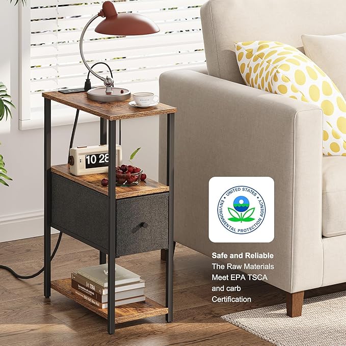 TUTOTAK Small Narrow End Table with Charging Station, Set of 2, Side Table with Outlets, Nightstand with Cloth Drawer, Couch Table, for Living Room, Bedroom, Bedside, Brown and Black TB01BB058K