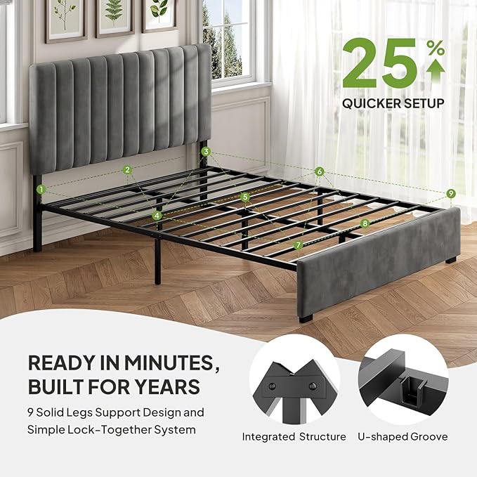 Welzona Bed Frame Full Size with Headboard, Velvet Upholstered Metal Platform Bed for Kids with Vertical Channel Tufted Headboard, 3-Level Height, Metal Slat Support, Noise-Free Easy Assembly, Grey