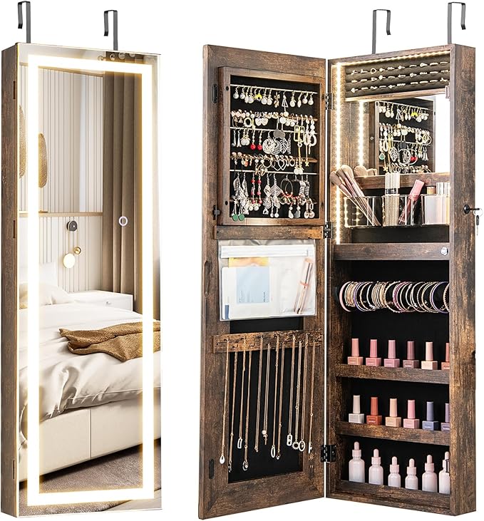 CHARMAID LED Mirror Jewelry Cabinet, Lockable Jewelry Armoire with Adjustable Lighted Full Length Mirror, 3 Lighting Sets, Wall Mounted Door Hanging Jewelry Storage Organizer (Rustic Brown, 42.5''H)