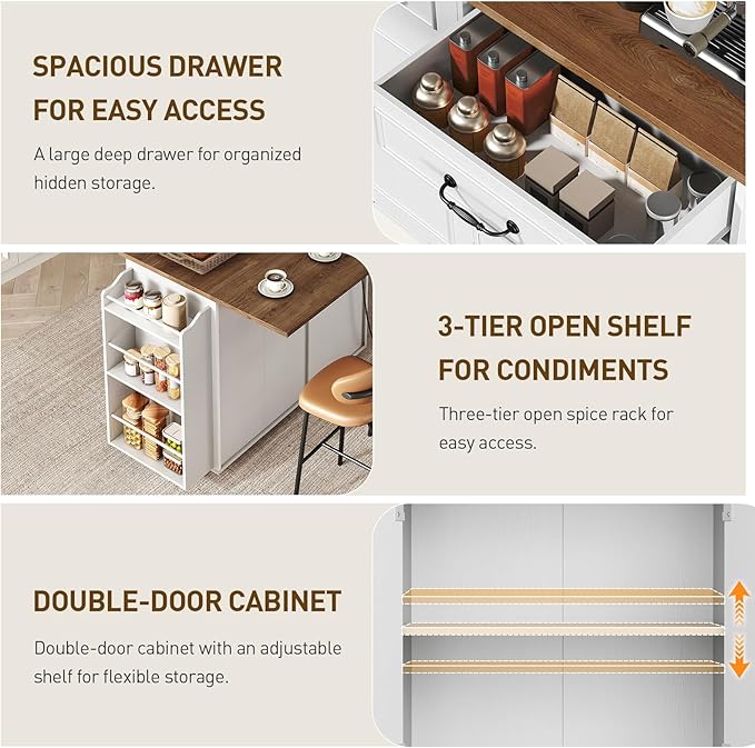 RALGEND Kitchen Island with Power Outlet & Drop Leaf, Mobile Rolling Cart with Trash Can Storage, 3-Tier Spice Rack, Island Table for Kitchen, Dining Room, White and Walnut