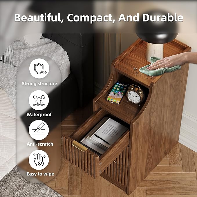7.9" Narrow Nightstand Set of 2,23.6" Tall Fluted Bedside Table Set of 2, Slim Side End Table with 3 Drawers, Wooden Bedside Table, Mid Century Modern Night Stand for Bedroom Livingroom Sofa Office