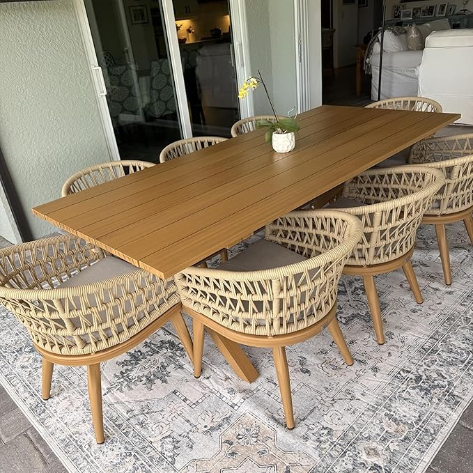 PURPLE LEAF 9 Pieces Outdoor Dining Set All-Weather PE Rattan Outdoor Patio Furniture Set with All Aluminum Frame Rectangular Table and Chairs Set for Lawn Garden Backyard Deck, Teak