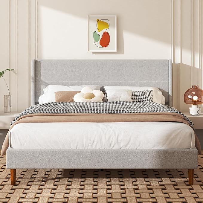 King Size Bed Frame, Linen Upholstered Platform with Wingback Headboard, Wooden Slats Support, No Box Spring Needed, Easy Assembly, Lightgrey