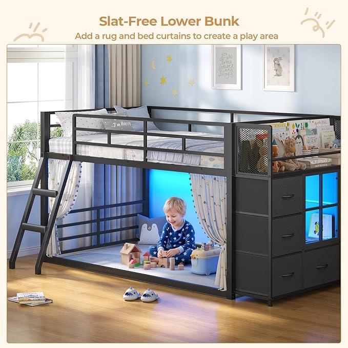 BTHFST Low Bunk Bed Twin Over Twin with 7 Large Fabric Drawers & Bookshelf, Metal Bunk Bed with RGB LED Lights & Slanted Ladder & Safety Guardrail, Kids Low Loft Bed Twin for Small Space, Black