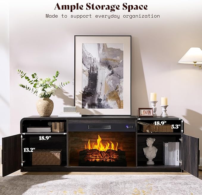 AMERLIFE 70" Fluted Fireplace TV Stand for TVs Up to 80", Modern TV Console with 30" Electric Fireplace & Storage Cabinets, Media Entertainment Center for Living Room, Black