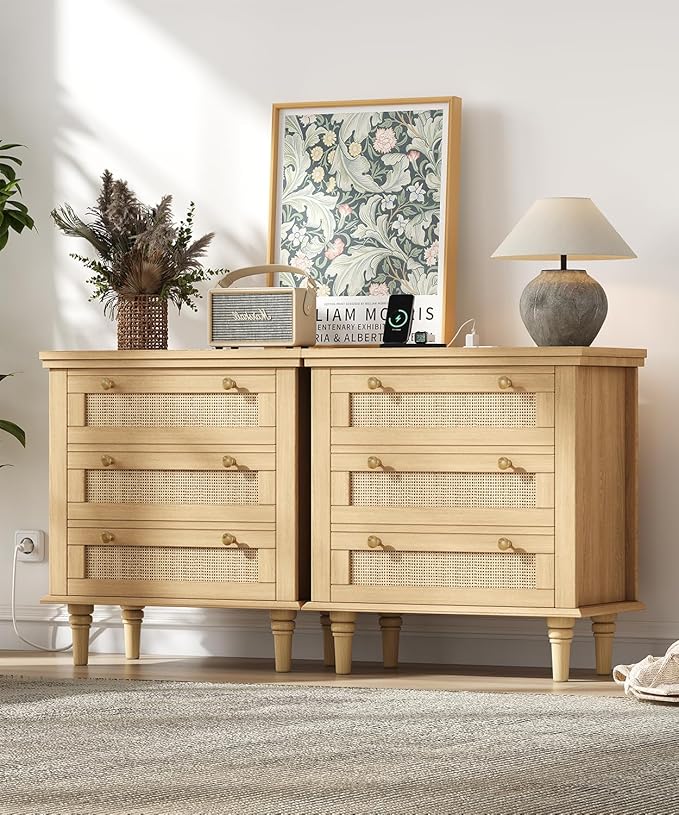 Keehusux Night Stand with 3 Large Storage Drawers, 26.8" H Rattan Nightstand with Charging Station, Boho Bedside Table with Round Handles, Wooden End Table for Bedroom, Natural Oak KES008MECTG