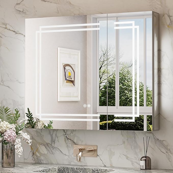 TokeShimi 36x32 Inch Lighted Medicine Cabinet, LED Medicine Cabinet with Lights, Wall-Mounted Bathroom Cabinet Mirror with 3 Color Temperature, Anti-Fog, CRI 80+, Memory Function, Tempered Glass