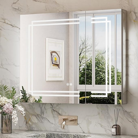 TokeShimi 36x32 Inch Lighted Medicine Cabinet, LED Medicine Cabinet with Lights, Wall-Mounted Bathroom Cabinet Mirror with 3 Color Temperature, Anti-Fog, CRI 80+, Memory Function, Tempered Glass