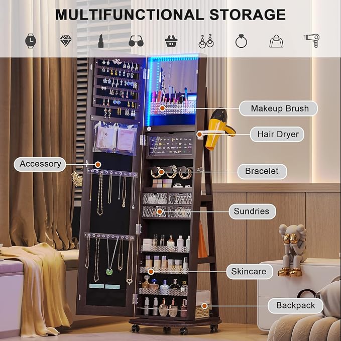 HNEBC 360° Swivel Jewelry Armoire with Mirror, LED Mirror Jewelry Cabinet Standing, Full Length Mirror with Jewelry Storage, Standing Jewelry Organizer/Lockable Wheels/Foldable Makeup Shelf (Brown)