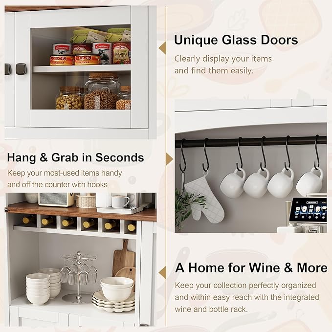 Einhomn 71" Tall Kitchen Pantry Cabinet with Charge Station, 3 Adjustable Shelves, Wine Rack and Glass Door, Kitchen Hutch for Dining Room, Kitchen and Living Room, White