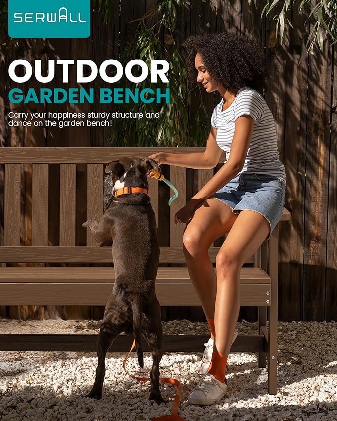 SERWALL Outdoor Bench, HDPE Outdoor Benches Weatherproof, 2-Person Garden Bench with 660 lbs Weight Capacity, Patio Benches for Outdoors, Garden, Porch, Backyard and Park, Brown, 2 Pack