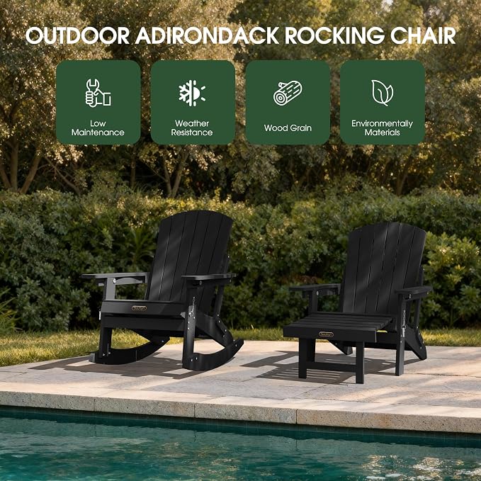 Adjustable Adirondack Rocking Chair Set of 4 with Retractable Ottoman Footrest, 4-in-1 Foldable HDPE Outdoor Rocker, Weather Resistant Adirondack Chair for Porch, Garden & Poolside, Black
