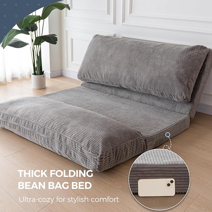 MAXYOYO Folding Sofa Bed, Extra Thick and Long Floor Sofa Convertible Sleeper Chair with Washable Cover, Floor Couch Lounge Bean Bag Bed for Living Room, Grey, 39x95 Inch