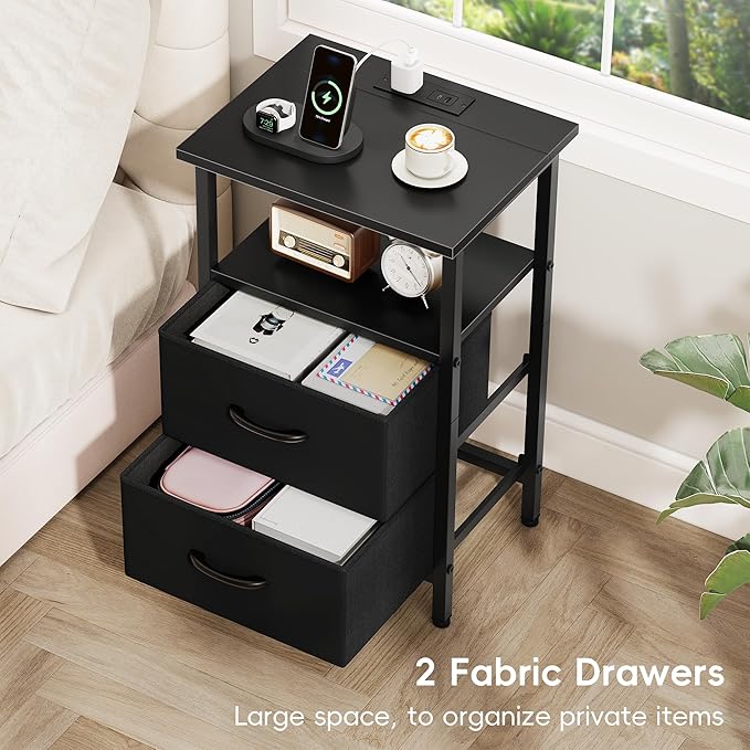 Vagusicc Nightstand with Charging Station, End Table Bedside Table with 2 Fabric Drawers, Black Night Stand with USB Ports & Outlets, 24.2" Tall Bed Side Table with Storage Shelf for Bedroom, Black