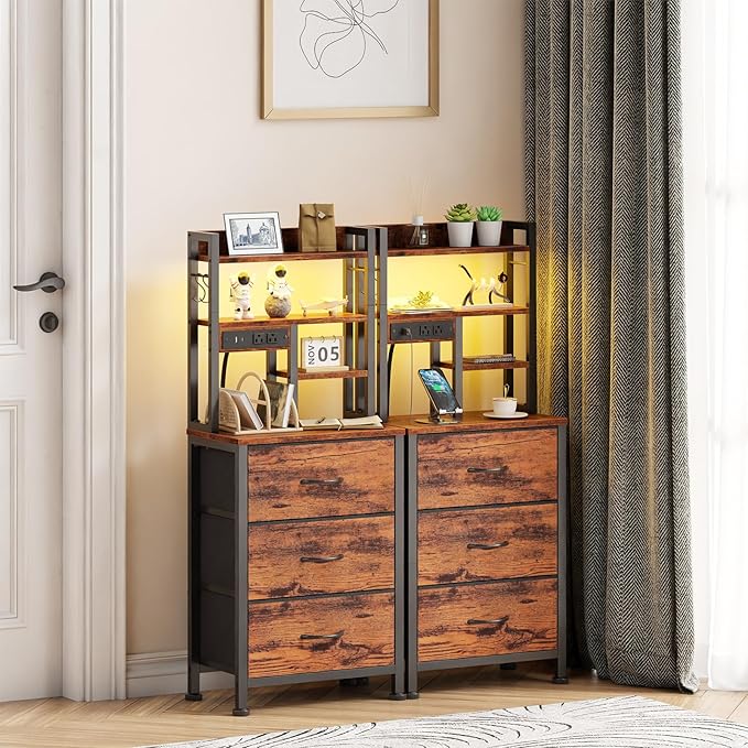 Furnulem Tall Night Stand with LED & USB Ports, 45.3inch Nightstand with Open Bookshelf, Bedside Table with 3 Fabric Drawers for Bedroom/Dorm/Office, Rustic Brown Wood-Metal Frame