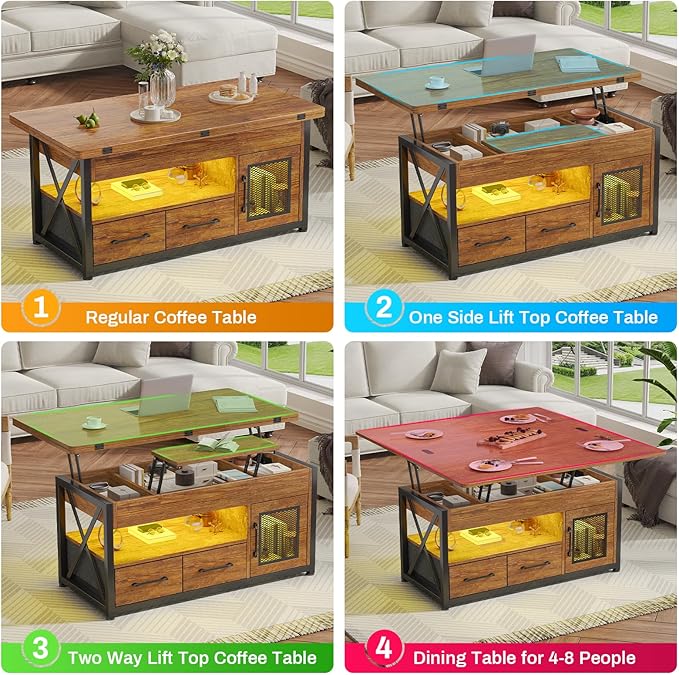 Itaar 40" Lift Top Coffee Table, 4 in 1 Coffee Tables with Storage Cabinet for Living Room, Small Farmhouse Coffee Table with 2 Fabric Drawers & LED Light for Dining Room, Rustic Brown