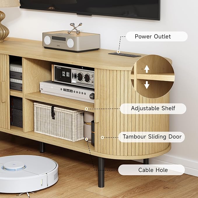 70.8" TV Stand with Power Outlet, Mid-Century Modern Television Stand, Fluted Media Console with Sliding Doors, Entertainment Center for TVs up to 60 Inch, Adjustable Shelves, Oak