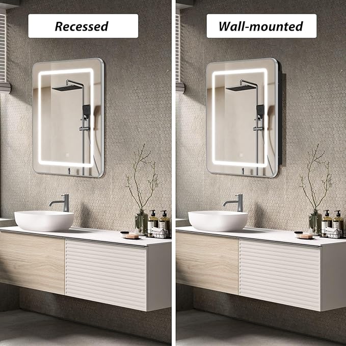APRILSOUL 24x30 Inch Lighted Bathroom Medicine Cabinet with Mirror, Silver Recessed or Surface Mount Medicine Cabinet Mirror with Storage and LED Lights, 3 Colors Temperature, Dimmable Light
