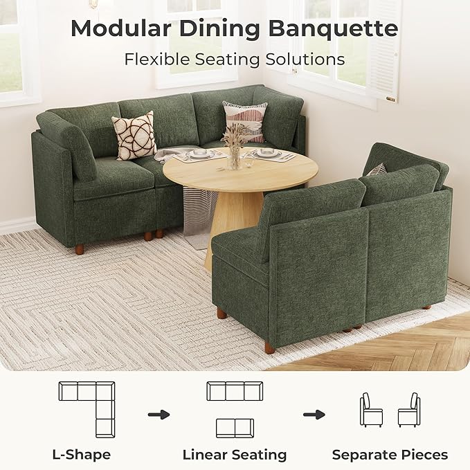 SITJOY Breakfast Nook Bench with Storage, Modular Corner Kitchen Banquette Seating, Dining Settee Couch, Upholstered Dining Bench with Back, Soft-to-Touch Fabric in Green, 5-Seat L Shaped Booth