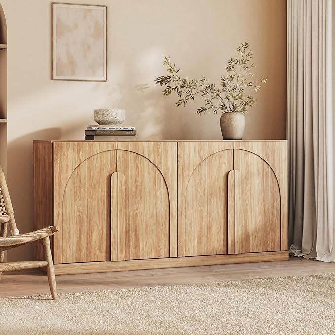 BELLEZE Bijou 64" Modern Buffet Sideboard, Mid-Century Arch Carved Wood Door Cabinet, Textured Storage Console for 75 inch TV, Living Room, Dining Room, Entryway - Camel