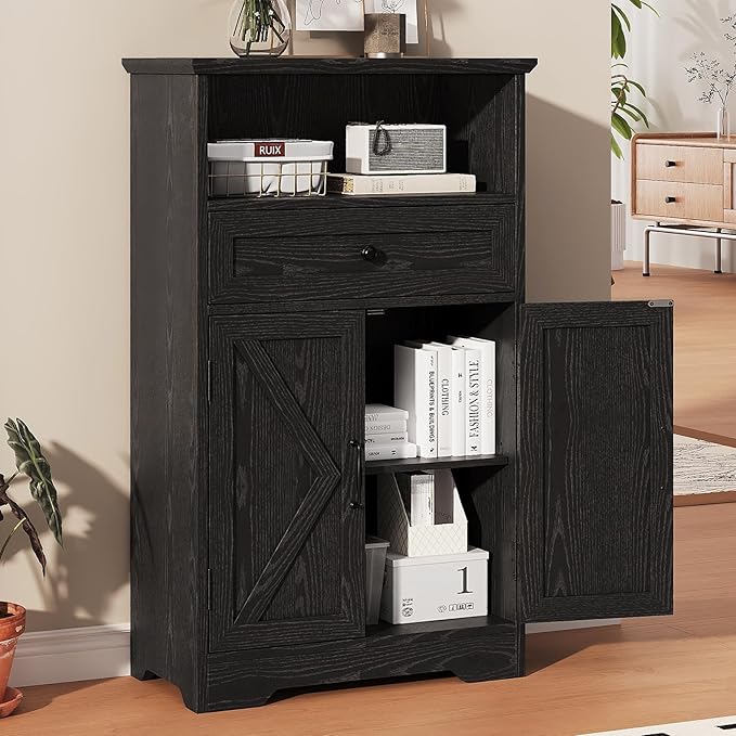 Floor Cabinet, Farmhouse Storage Cabinet with Barn Doors and Drawer, Freestanding Adjustable Shelf Organizer for Bathroom, Kitchen, Living Room Black