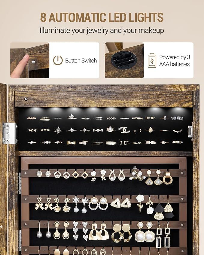 Hzuaneri 8 LEDs Jewelry Cabinet Armoire, 66.9-inch Jewelry Organizer with Garment Rack, Lockable Full-length Mirror with 4 Wheels, Storage Shelves with Hooks, 5-in-1, Toasted Oak JC17007B