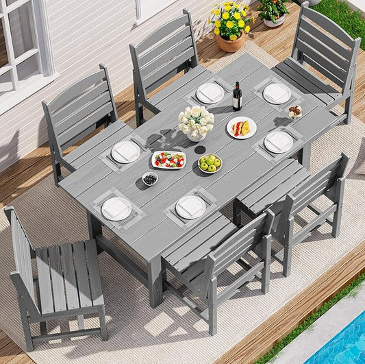 SERWALL Patio Dining Sets for 6 Person, HDPE Dining Set with 6 Armless Chairs, Light Gray