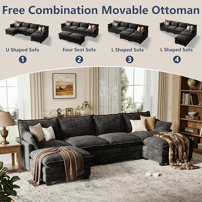 U Shaped Modular Sectional Sofa, Cloud Couch with Movable Ottoman, Comfy Chenille Sofa with Pillows for Living Room, Bedroom, Apartment, Black