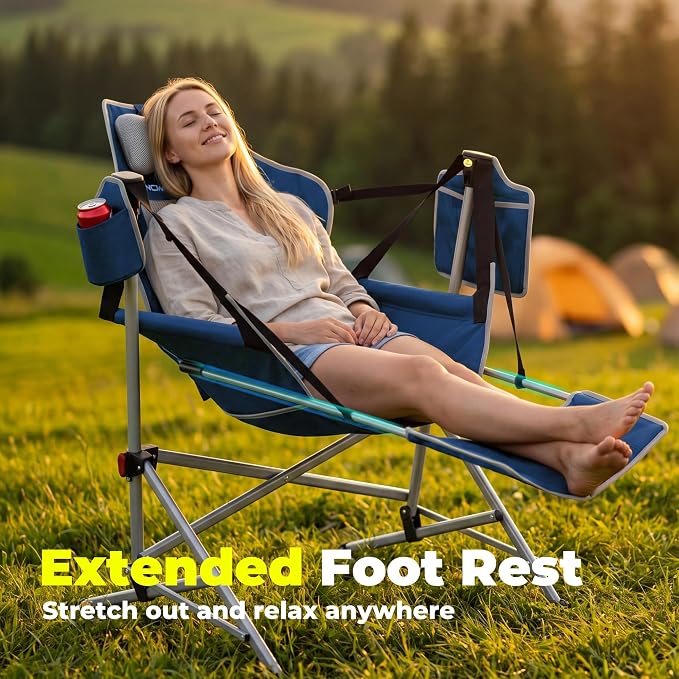 Hammock Camping Chair with Footrest, Oversized Swinging Folding Camp Chair for Adults, Adjustable Back & Seat, Heavy Duty Rocking Chair with Cup Holder & Pillow for Outdoor Patio Lawn RV, Blue