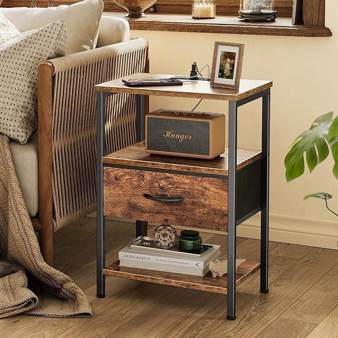 SUPERJARE Nightstand with Charging Station, Bed Side Table with Adjustable Fabric Drawer, Night Stand for Bedroom, 3-Tier Storage End Table, for Living Room, Rustic Brown