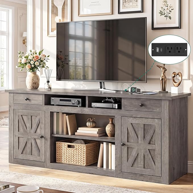 YITAHOME Farmhouse TV Stand for 65-Inch TV, Entertainment Center with Storage Cabinets & Drawers, TV Console for Living Room, Washed Gray