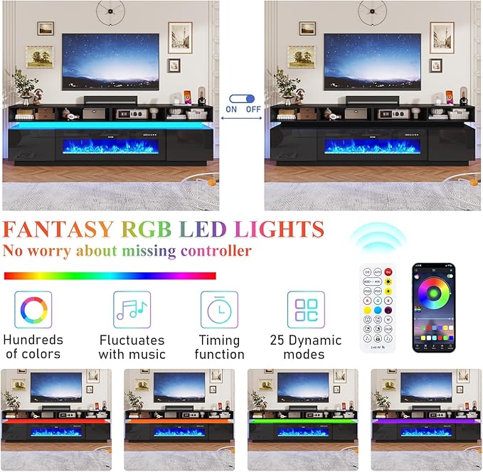 chartustriable Fireplace TV Stand for 100" TV, 93" LED Entertainment Center with 50" Fireplace & Power Outlets, High Gloss TV Stand, Gaming TV Media Console for Living Room, 93 Inch, Black