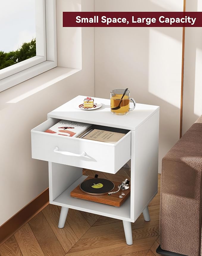 YMYNY Nightstand Set of 2, Bedside Table, Side Table with Fabric Drawer, Handle and Open Compartment, Solid Wood Legs, Wooden Coffee Table for Bedroom, White UHST020W-2