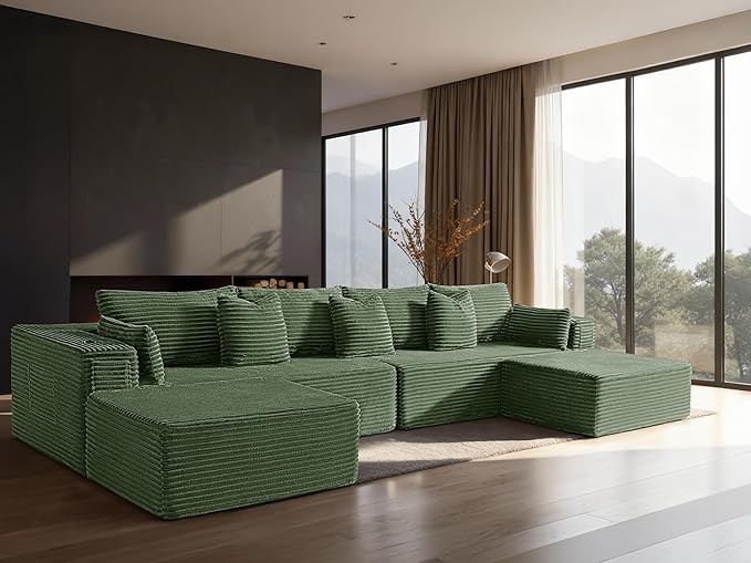 138" Cloud Sectional Couch, Comfort U Shaped Sofa for Living Room, Extra Deep Seats No Assembly, Minimalist Modular Couch, Corduroy (Olive Green, 6 Seats,U-Shape A)