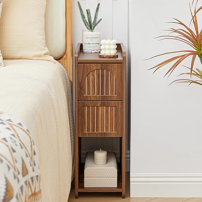 Narrow Nightstand Set of 2, Wooden Small 2 Drawer Nightstand, Slim Side End Table, Skinny Bedside Table, Mid Century Modern Night Stand with Drawers, for Living Room (Deep Walnut-2 pcs)