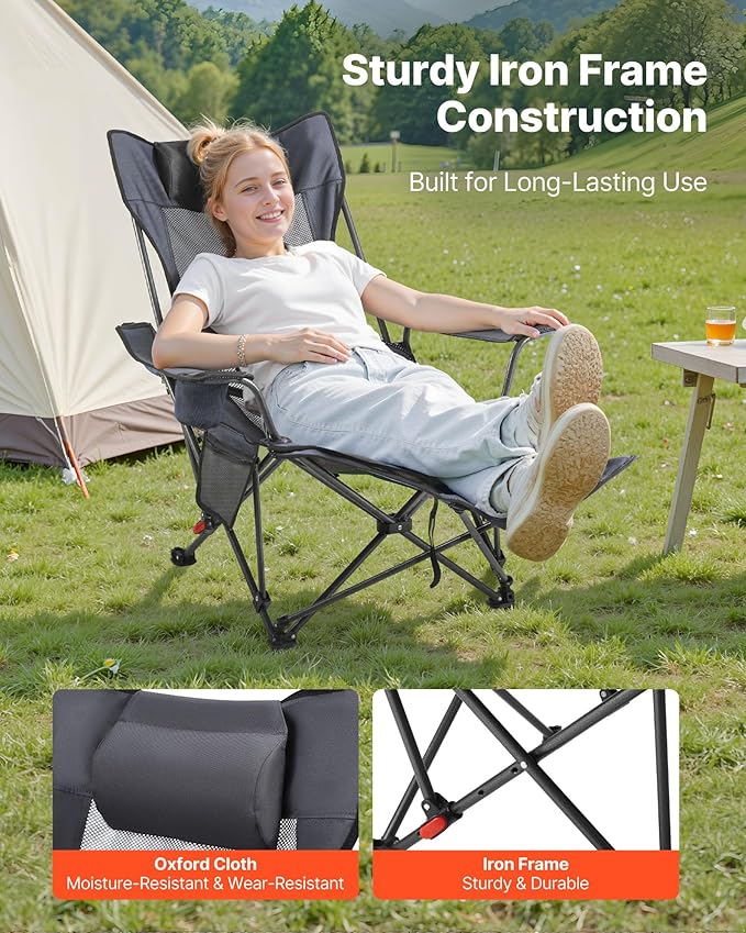 VEVOR 2-in-1 Reclining Camping Chair with Footrest for Adults, 4 Adjustable Positions, Portable Folding Lounger, Lightweight Mesh Beach Chair Supports 220lbs, Heavy Duty Camp Chairs Outdoor, Gray