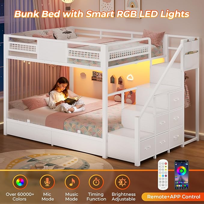 BTHFST Bunk Bed Full Over Full with Stairs, LED Lights Full Bunk Beds with 2 Storage Drawers & 6 Fabric Drawers, Metal Full Loft Beds with Safety Guardrail & Stairs, Space Saving, White