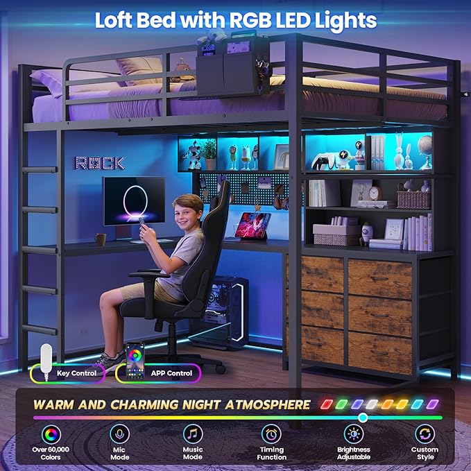 DICTAC Full Size Loft Bed with L-Shaped Desk,Bookshelf and Charging Station Metal Full Loft Bed with 6 Storage Drawers,Open Shelves and Hutch,Teen loft beds with Led Lights and Safety Guardrail,Black