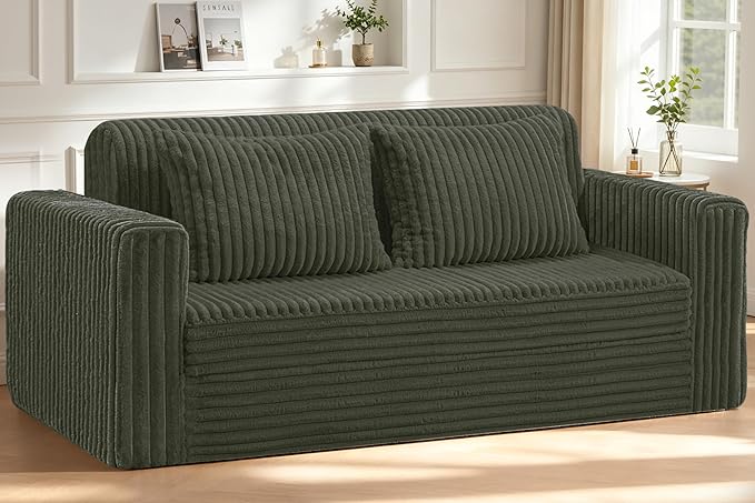 HABUTWAY 78" Loveseat Boneless Couch, 4-in-1 Convertible Sofa Bed, Plush Fur Folding Futon Sofa Bed Couches with 2 Pillows for Living Room, High-Density Foam Support, No Assembly Required, Green