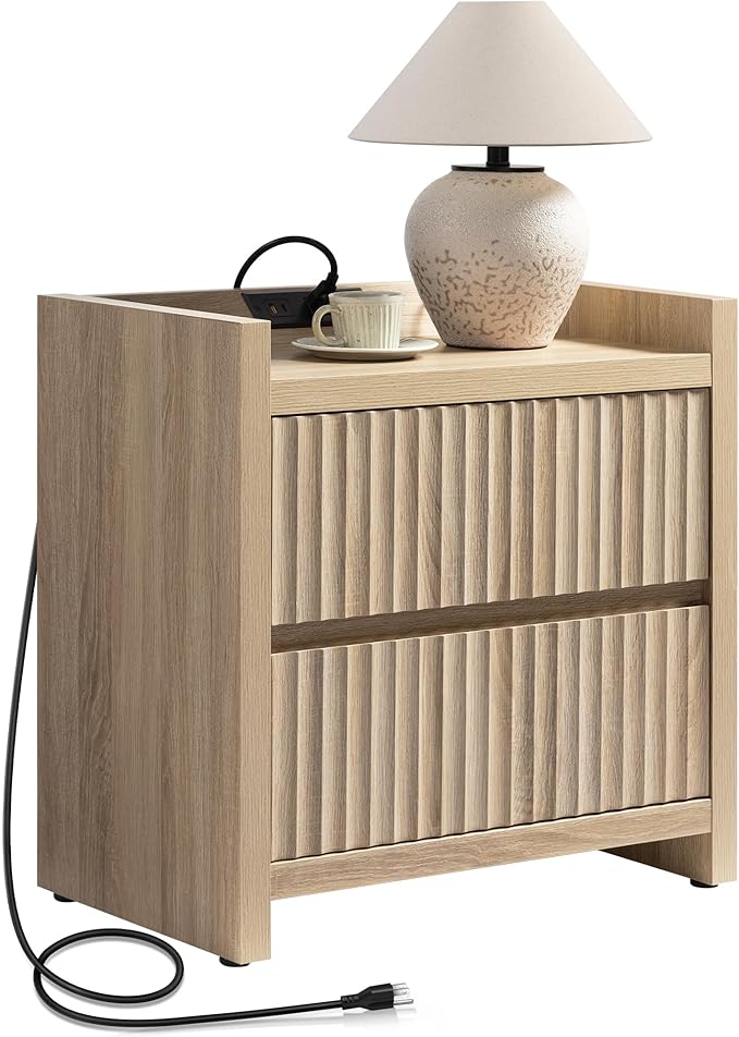 SICOTAS Night Stand Fluted Nightstands with Charging Station- Modern 2 Drawers Nightstand 25" Tall Bedside Table End Table, Large Night Stands for Bedroom, Sofa Side (Light Oak, 1 Piece)
