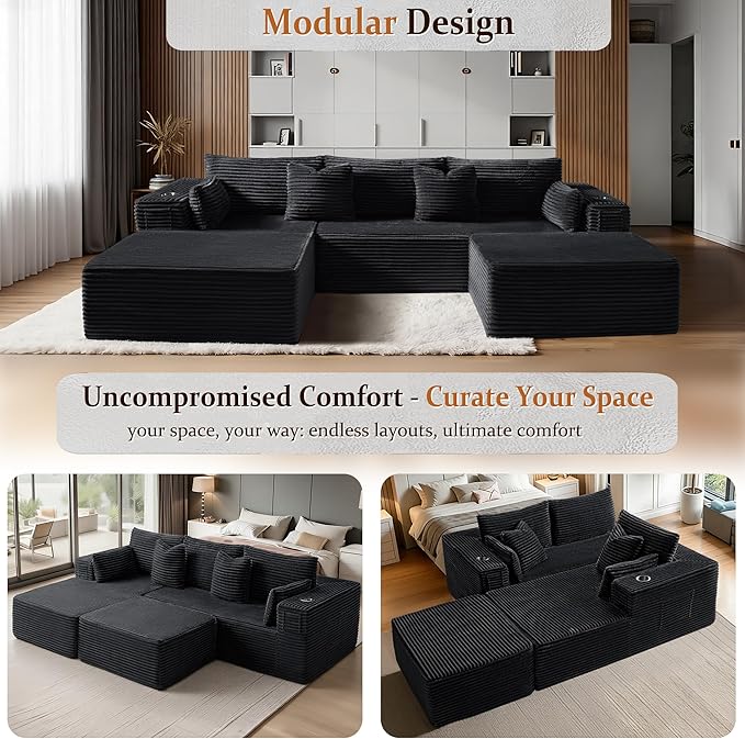 108" Oversized Cloud Sectional Couch, Comfort U Shaped Boneless Couch for Living Room, Extra Deep Seats No Assembly, Modular Sofa, Corduroy (Black, Right Facing Chaise+2 Seater+Ottoman)