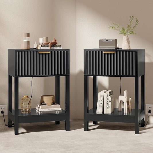 Nasonet Night Stand Set 2, Fluted Nightstand with Charging Station, Wood Bedside Table with Drawer & Storage Shelf, Modern End Tables for Bedroom Sofa Couch Office, Black