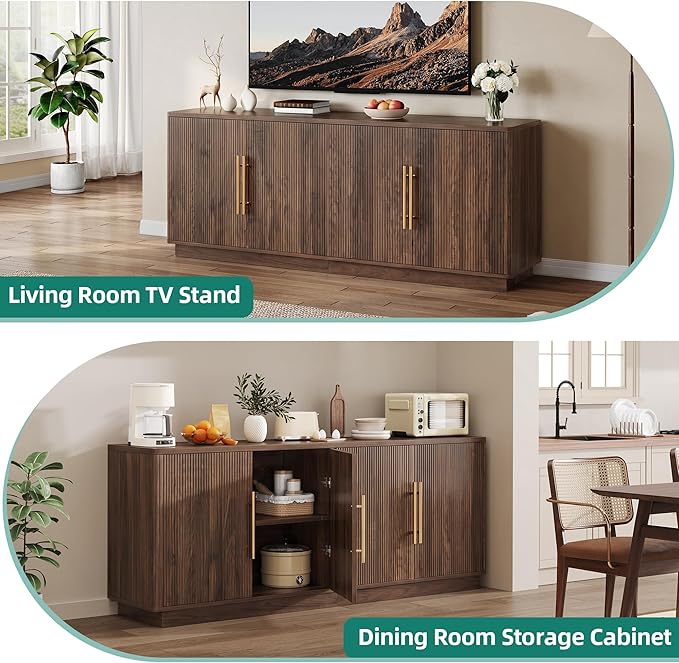 YITAHOME TV Stand for TVs up to 80 Inches, Media Console with 4 Fluted Doors, 70" Entertainment Center with Ample Storage for Living Room(Natural Oak)