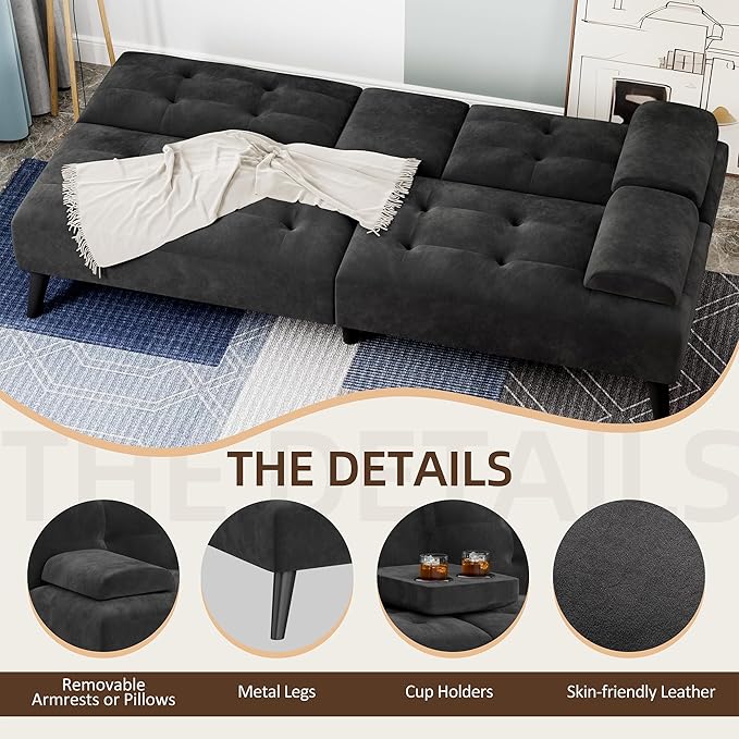 Shintenchi Futon Sofa Bed, Velvet Foldable Couch, Reclining Sleeper with Removable Armrests, Upholstered Loveseat Sofa Couch with Folding Cup Holders for Home, Office, Black