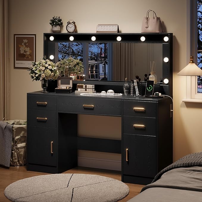 TOKSOM 44.8" Large Vanity Desk with Lighted Mirror & Power Outlet, Black Makeup Vanity Desk with Mirror and Lights, Black Vanity Table with 5 Drawers and 2 Cabinets, Dressing Table for Bedroom