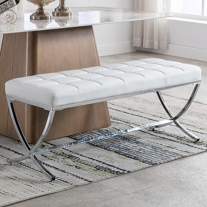 DUOMAY Modern Tufted Ottoman Bench, PU Leather Upholstered Dining Bench, Button Tufted Footrest Stool Vanity Seat with with X Metal Legs, 45.75" W x 16.5" D x 19.25" H, White