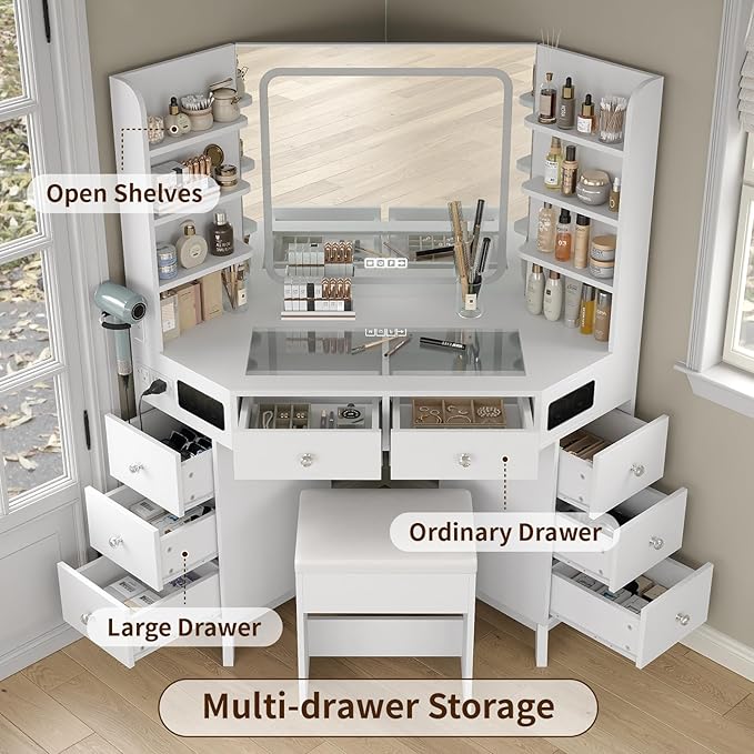 Yanosaku Corner Vanity Desk with Buil-in Speaker, 8 Drawers & 6 Shelves, Makeup Vanity with Glass Top, Modern Vanity with Mirror and Lights, 3 Color Lighting Modes, Dressing Table for Bedroom, White