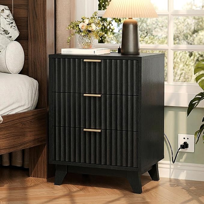 VINGLI Black Fluted Nightstands Set of 2 with Charging Station,3 Drawer Black Wood Nightstand for Bedroom, Modern Night Stand with Drawers, Fluted Bedside Table/End Table/Side Table, 2 pcs