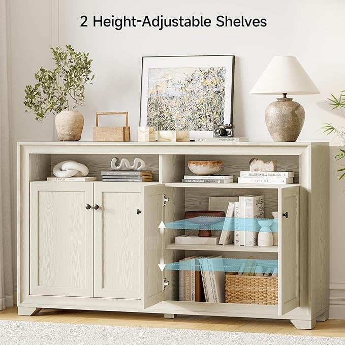 ONBRILL 60 Inches Sideboard Buffet Cabinet with Storage, 4 Doors Large Sideboard, Kitchen Cabinet with Open Shelf & Adjustable Shelf, Kitchen Coffee Bar Console Table for Living Room, Hallway, White